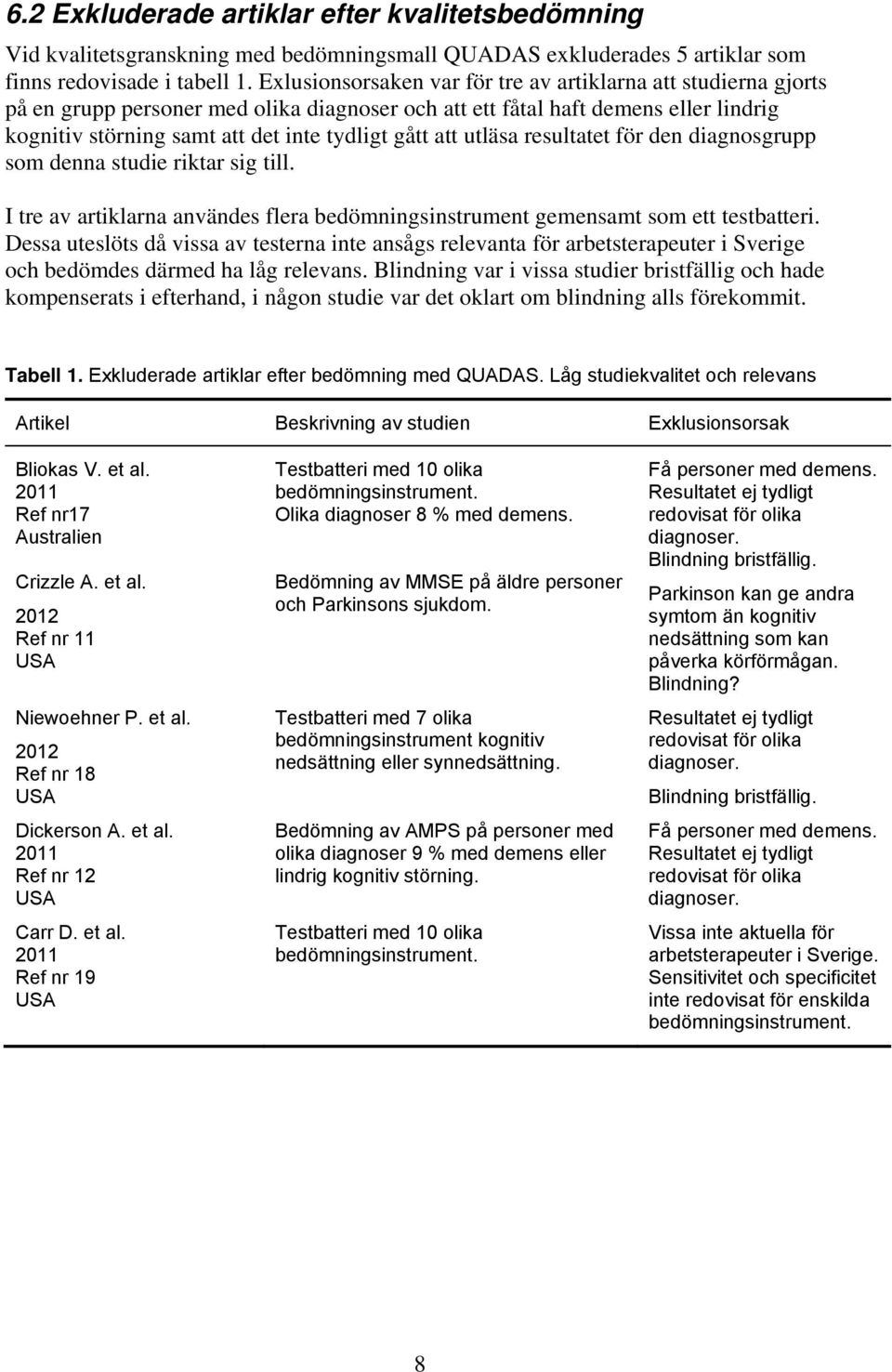 att utläsa resultatet för den diagnosgrupp som denna studie riktar sig till. I tre av artiklarna användes flera bedömningsinstrument gemensamt som ett testbatteri.