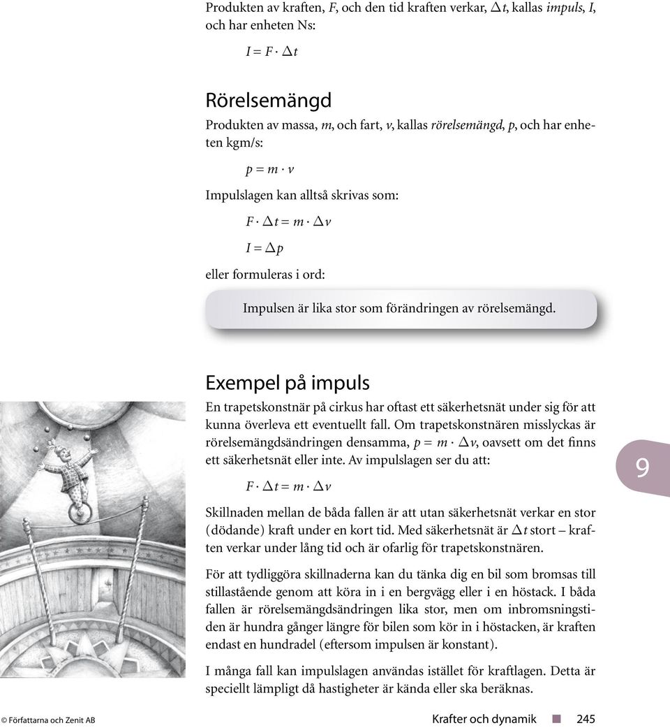 Exempel på impuls En trapetskonstnär på cirkus har oftast ett säkerhetsnät under sig för att kunna överleva ett eventuellt fall.