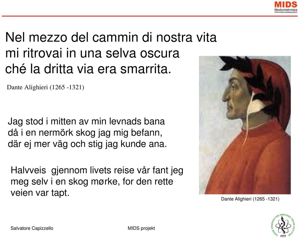 Dante Alighieri (1265-1321) Jag stod i mitten av min levnads bana då i en nermörk skog jag