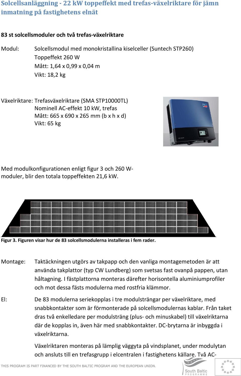 h x d) Vikt: 65 kg Med modulkonfigurationen enligt figur 3 och 260 W- moduler, blir den totala toppeffekten 21,6 kw. Figur 3. Figuren visar hur de 83 solcellsmodulerna installeras i fem rader.