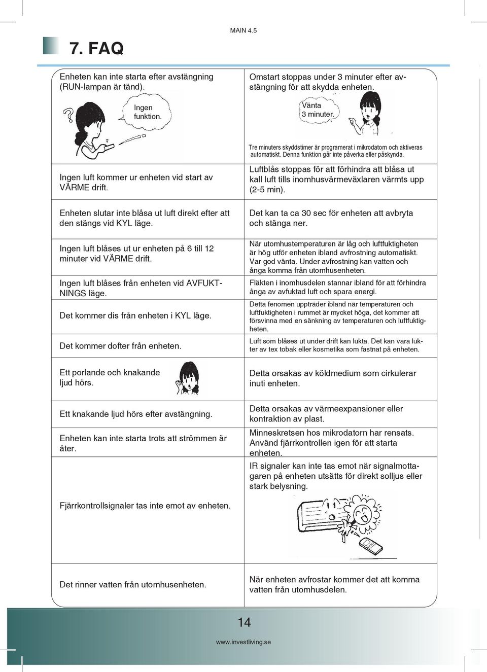 Ingen luft blåses från enheten vid AVFUKT- NINGS läge. Det kommer dis från enheten i KYL läge. Det kommer dofter från enheten. Ett porlande och knakande ljud hörs.