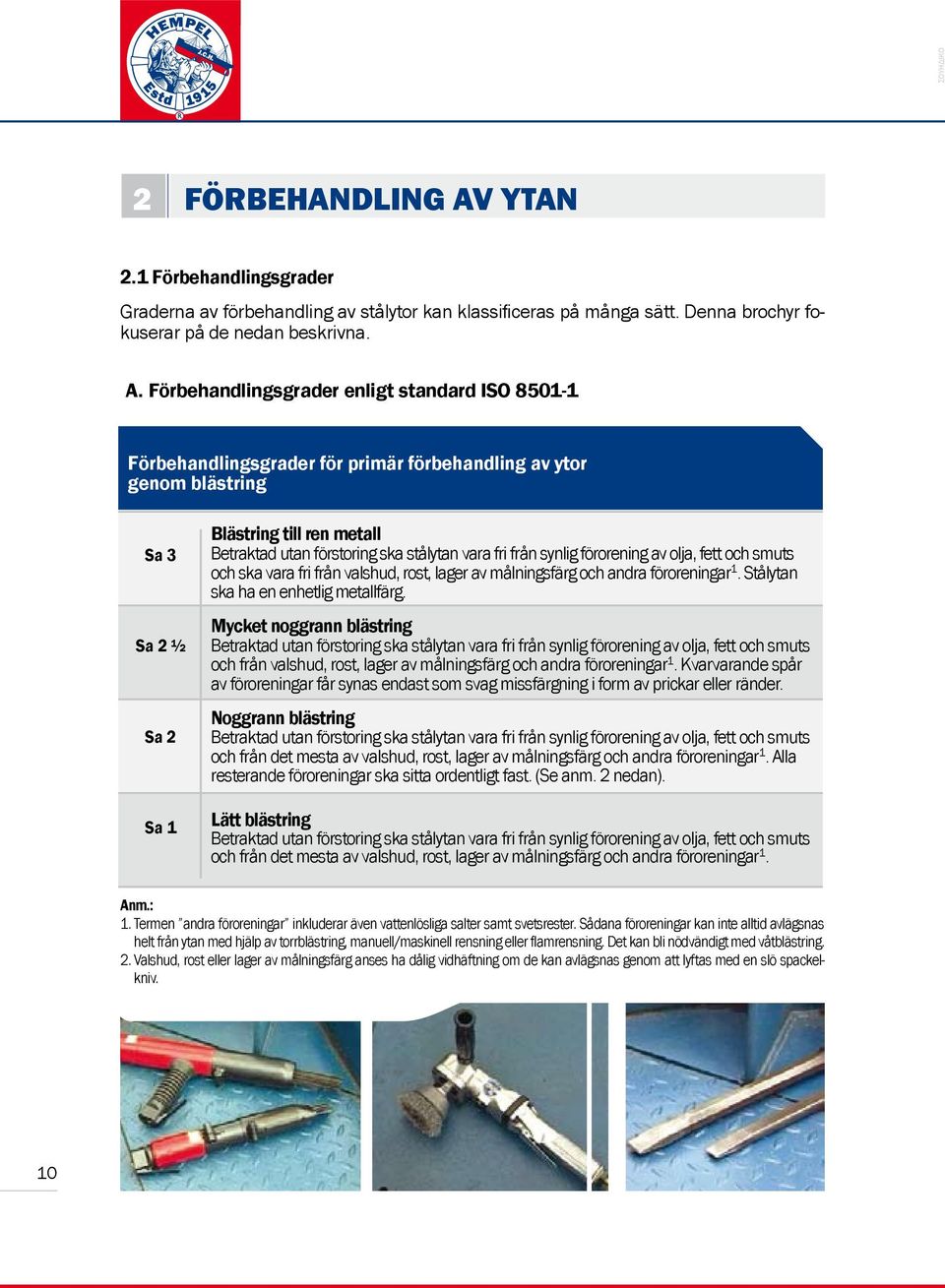 Förbehandlingsgrader enligt standard ISO 8501-1 Förbehandlingsgrader för primär förbehandling av ytor genom blästring Sa 3 Sa 2 ½ Sa 2 Sa 1 Blästring till ren metall Betraktad utan förstoring ska