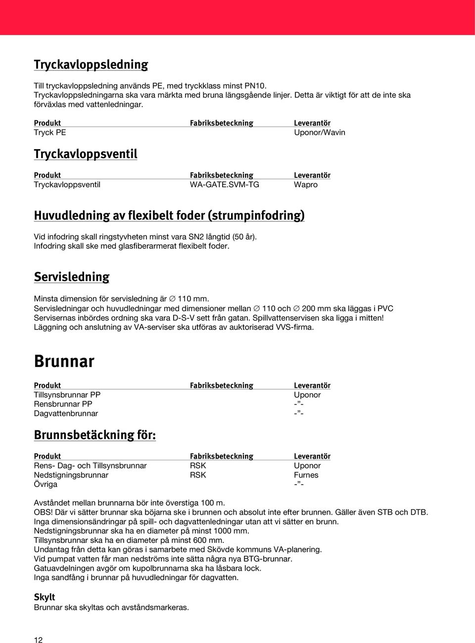 SVM-TG Wapro Huvudledning av flexibelt foder (strumpinfodring) Vid infodring skall ringstyvheten minst vara SN2 långtid (50 år). Infodring skall ske med glasfiberarmerat flexibelt foder.