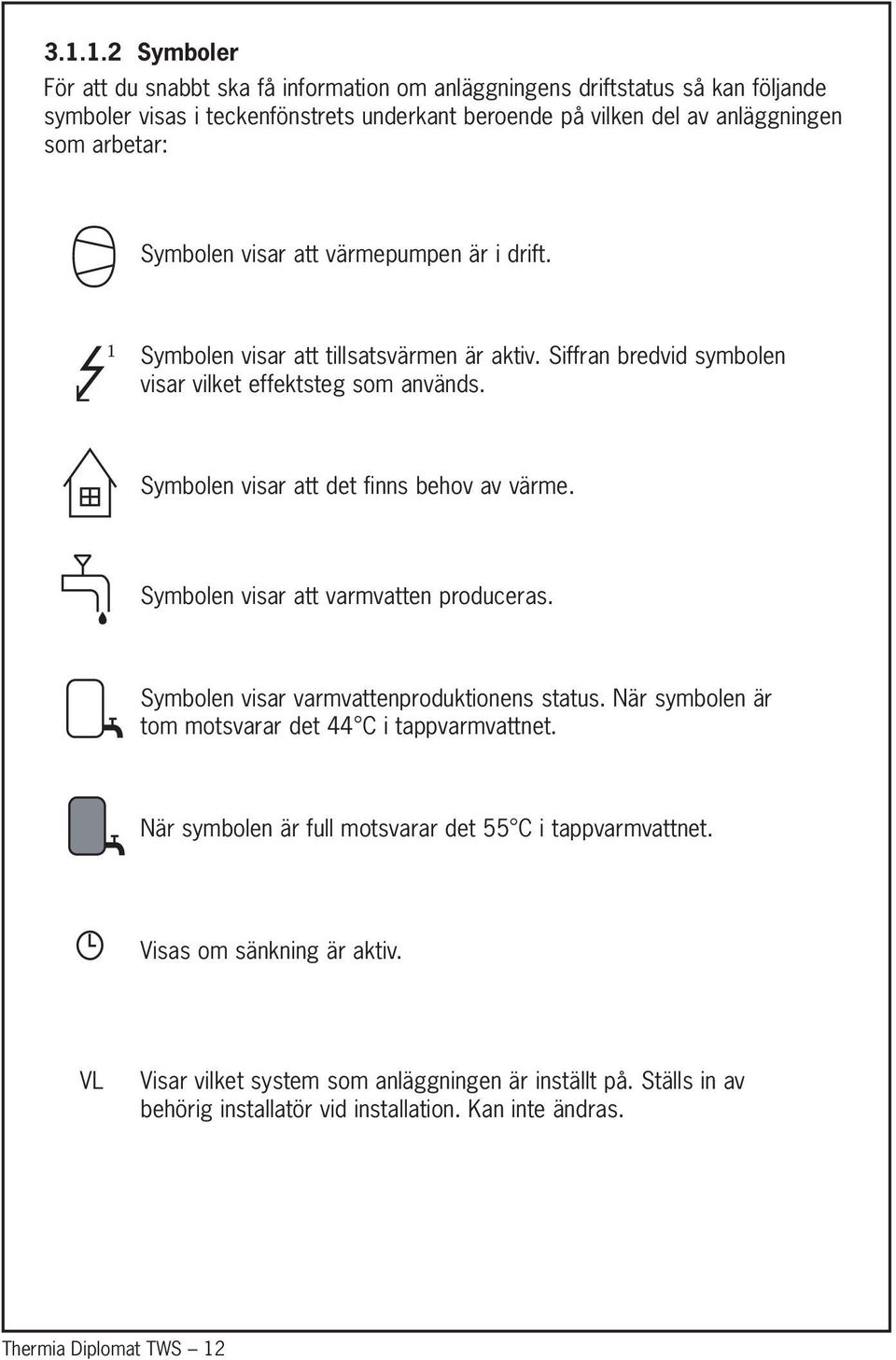 Symbolen visar att det finns behov av värme. Symbolen visar att varmvatten produceras. Symbolen visar varmvattenproduktionens status. När symbolen är tom motsvarar det 44 C i tappvarmvattnet.