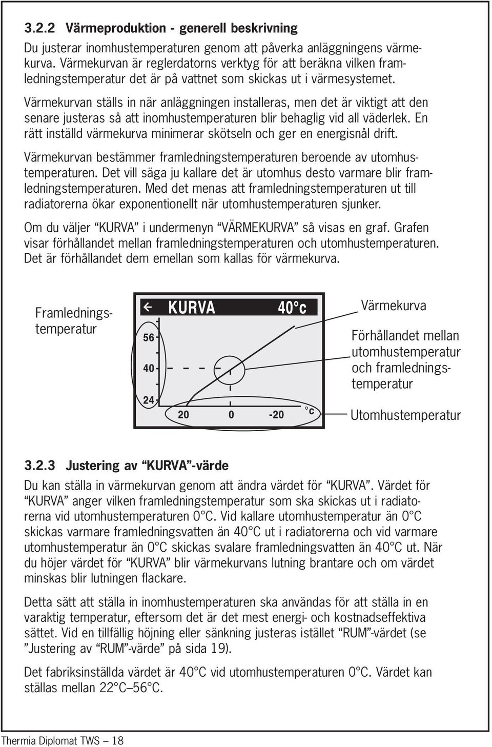 Värmekurvan ställs in när anläggningen installeras, men det är viktigt att den senare justeras så att inomhustemperaturen blir behaglig vid all väderlek.