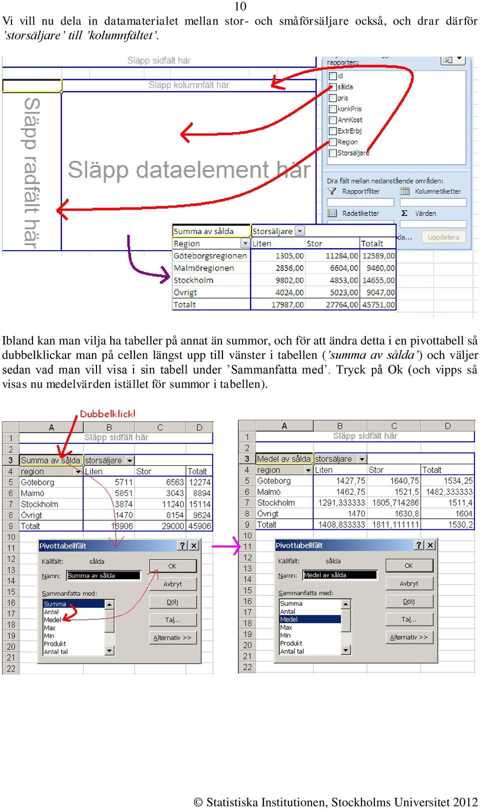 Ibland kan man vilja ha tabeller på annat än summor, och för att ändra detta i en pivottabell så dubbelklickar