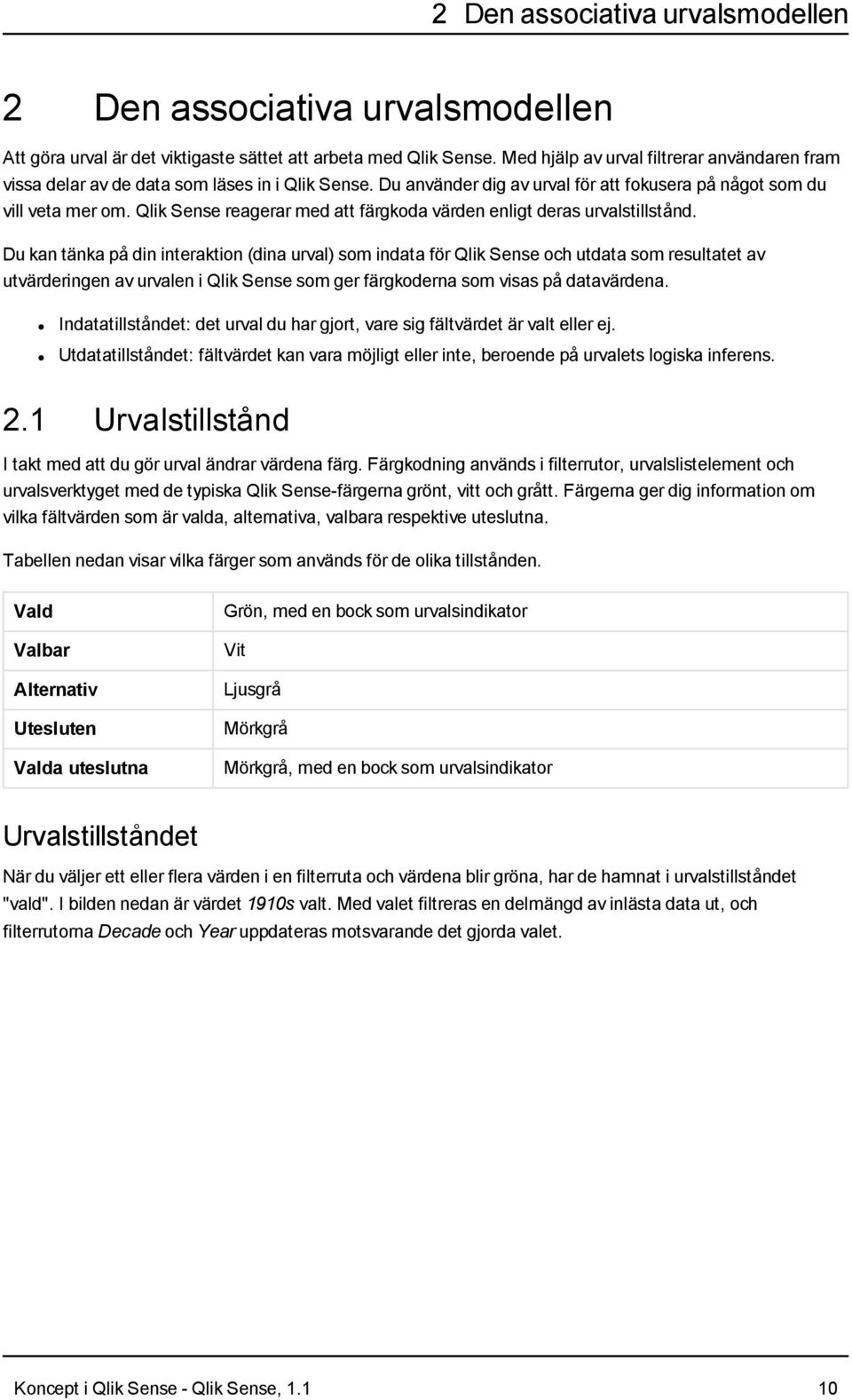 Qlik Sense reagerar med att färgkoda värden enligt deras urvalstillstånd.