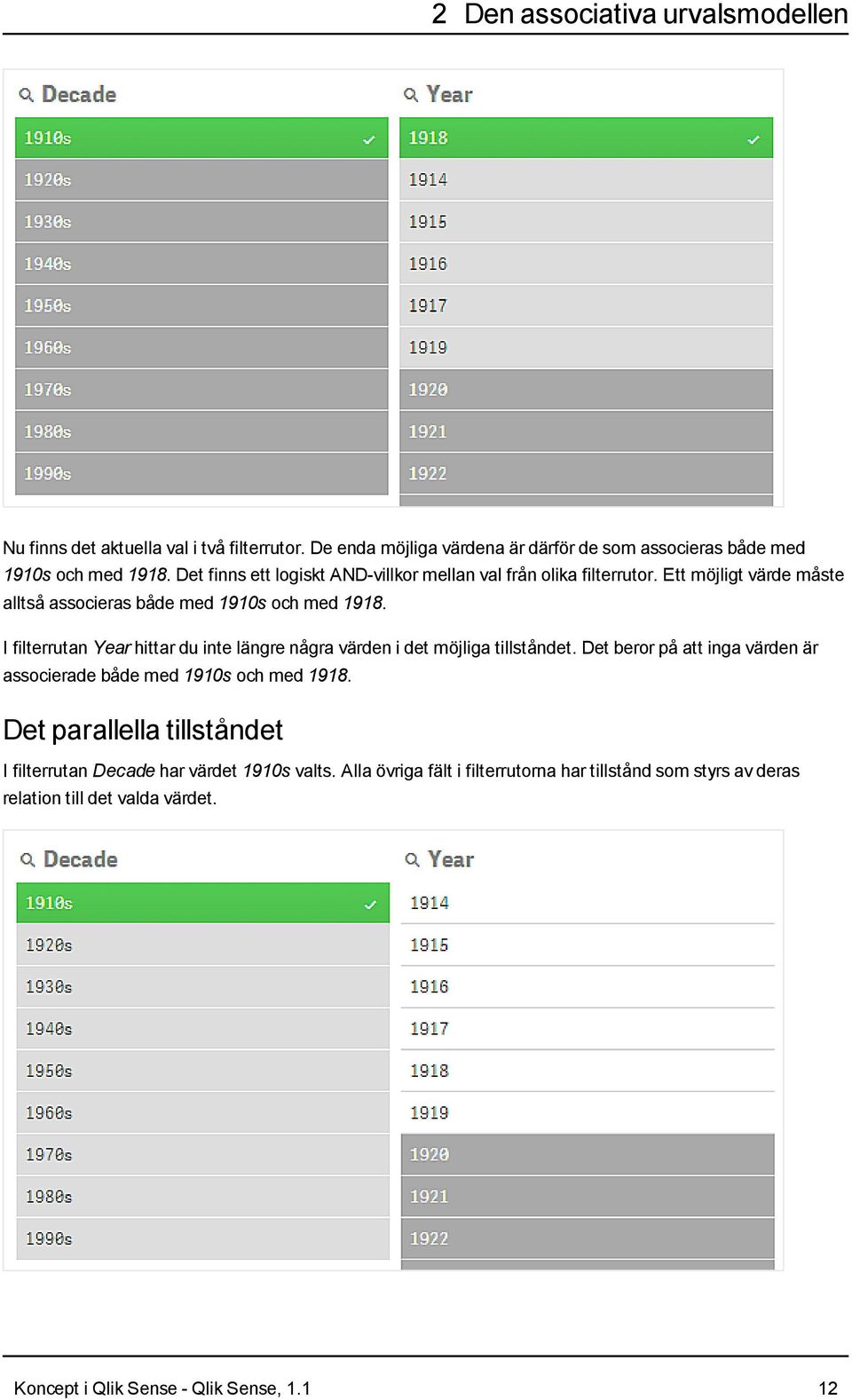 I filterrutan Year hittar du inte längre några värden i det möjliga tillståndet. Det beror på att inga värden är associerade både med 1910s och med 1918.