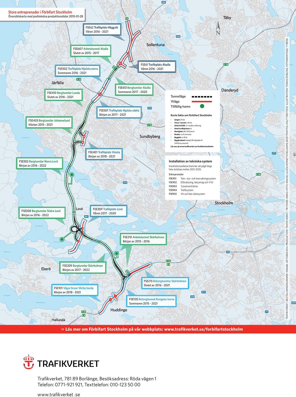 Bergtunnlar Lunda Slutet av 2016-2021 Tunnelläge Ytläge FSE501 Trafikplats Hjulsta södra Början av 2017-2021 FSE403 Bergtunnlar Johannelund Hösten 2015-2021 Edsviken Tillfällig hamn 279 Korta fakta