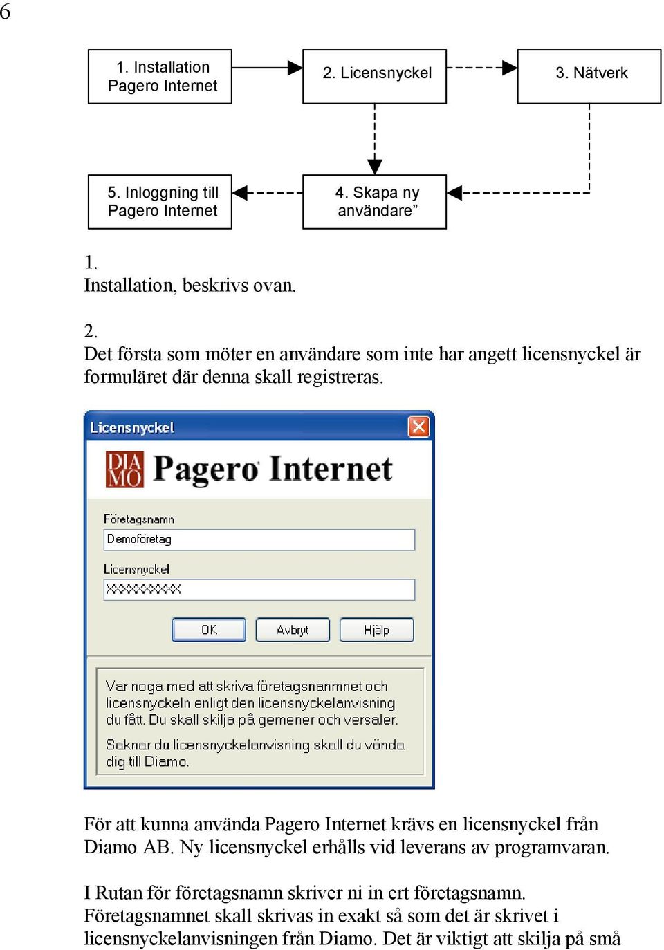För att kunna använda Pagero Internet krävs en licensnyckel från Diamo AB. Ny licensnyckel erhålls vid leverans av programvaran.