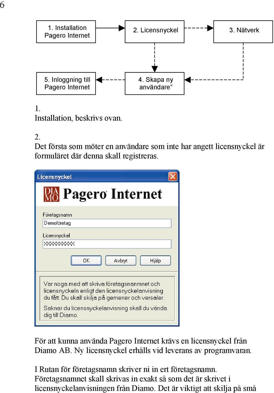 För att kunna använda Pagero Internet krävs en licensnyckel från Diamo AB. Ny licensnyckel erhålls vid leverans av programvaran.