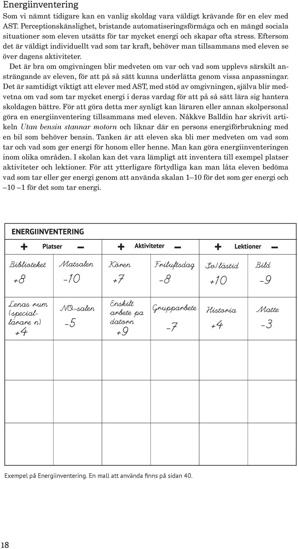 Eftersom det är väldigt individuellt vad som tar kraft, behöver man tillsammans med eleven se över dagens aktiviteter.