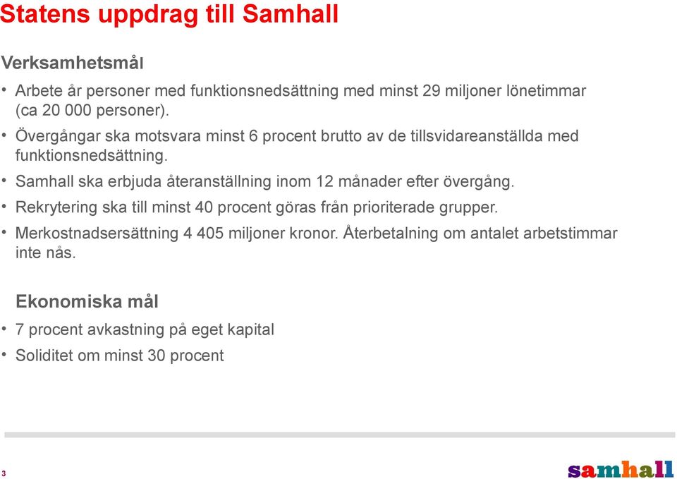 Samhall ska erbjuda återanställning inom 12 månader efter övergång. Rekrytering ska till minst 40 procent göras från prioriterade grupper.