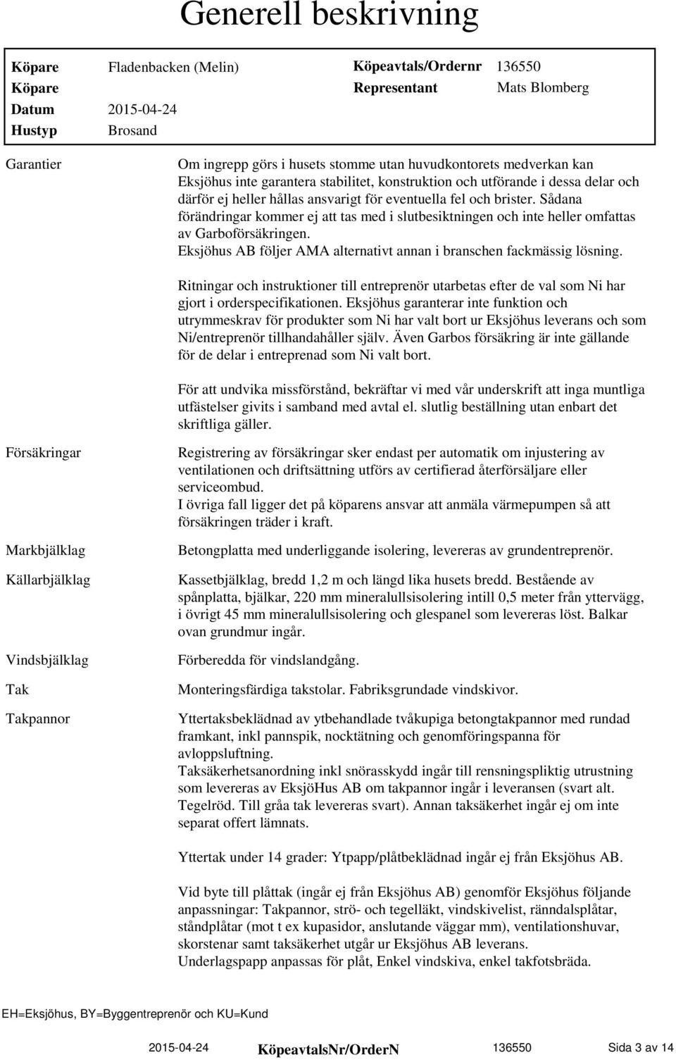 Sådana förändringar kommer ej att tas med i slutbesiktningen och inte heller omfattas av Garboförsäkringen. Eksjöhus AB följer AMA alternativt annan i branschen fackmässig lösning.