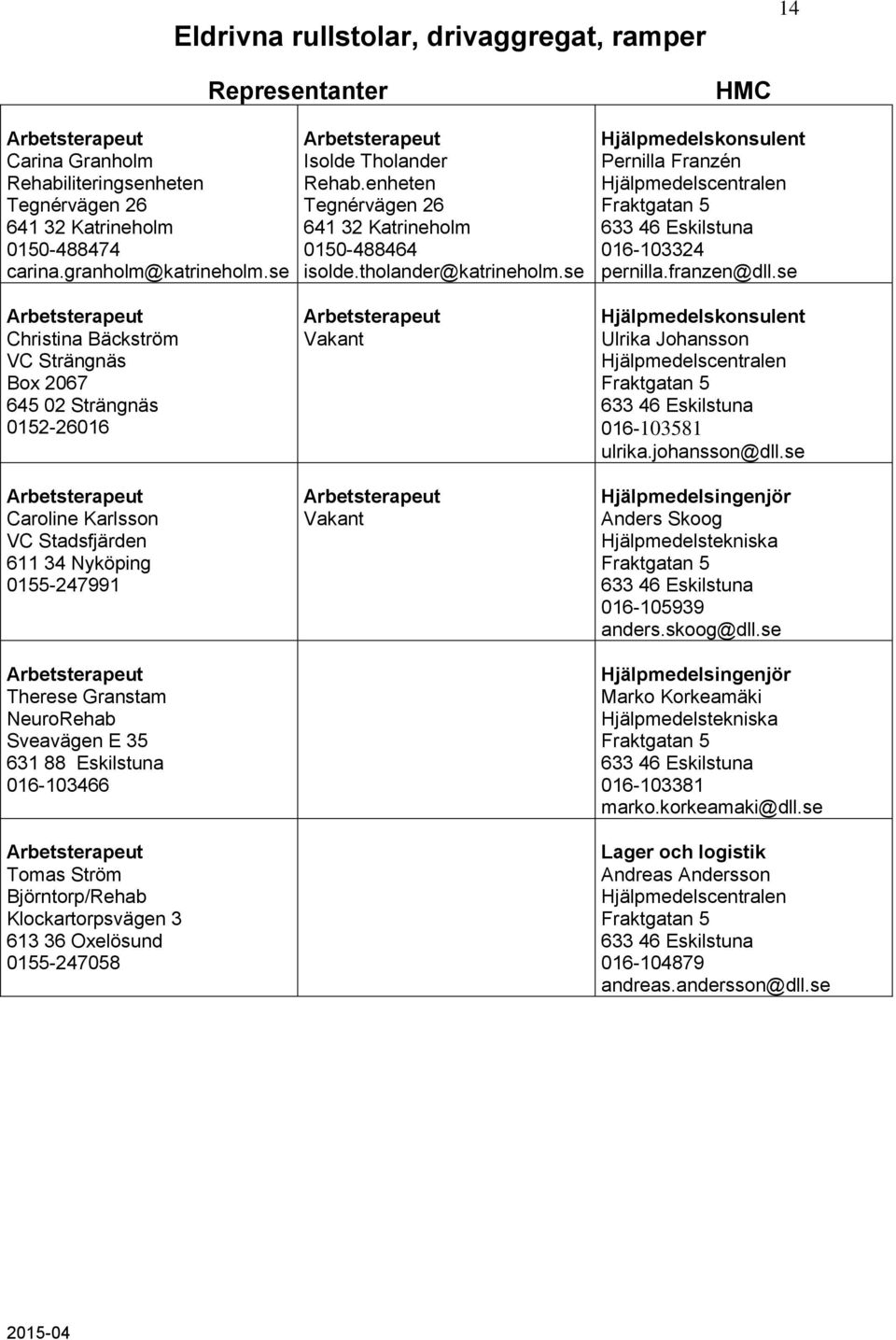 Ström Björntorp/Rehab Klockartorpsvägen 3 613 36 Oxelösund 0155-247058 Isolde Tholander Rehab.enheten Tegnérvägen 26 641 32 Katrineholm 0150-488464 isolde.tholander@katrineholm.