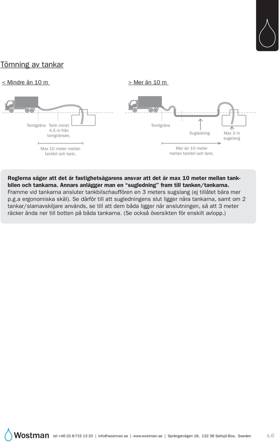 Annars anlägger man en sugledning fram till tanken/tankarna. Framme vid tankarna ansluter tankbilschauffören en 3 meters sugslang (ej tillåtet bära mer p.g.a ergonomiska skäl).