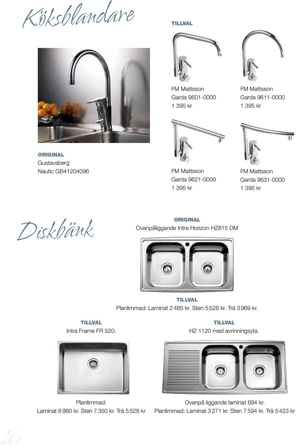 Planlimmad: Laminat 2 485 kr. Sten 5 528 kr. Trä 3 969 kr. Intra Frame FR 520. HZ 1120 med avrinningsyta.