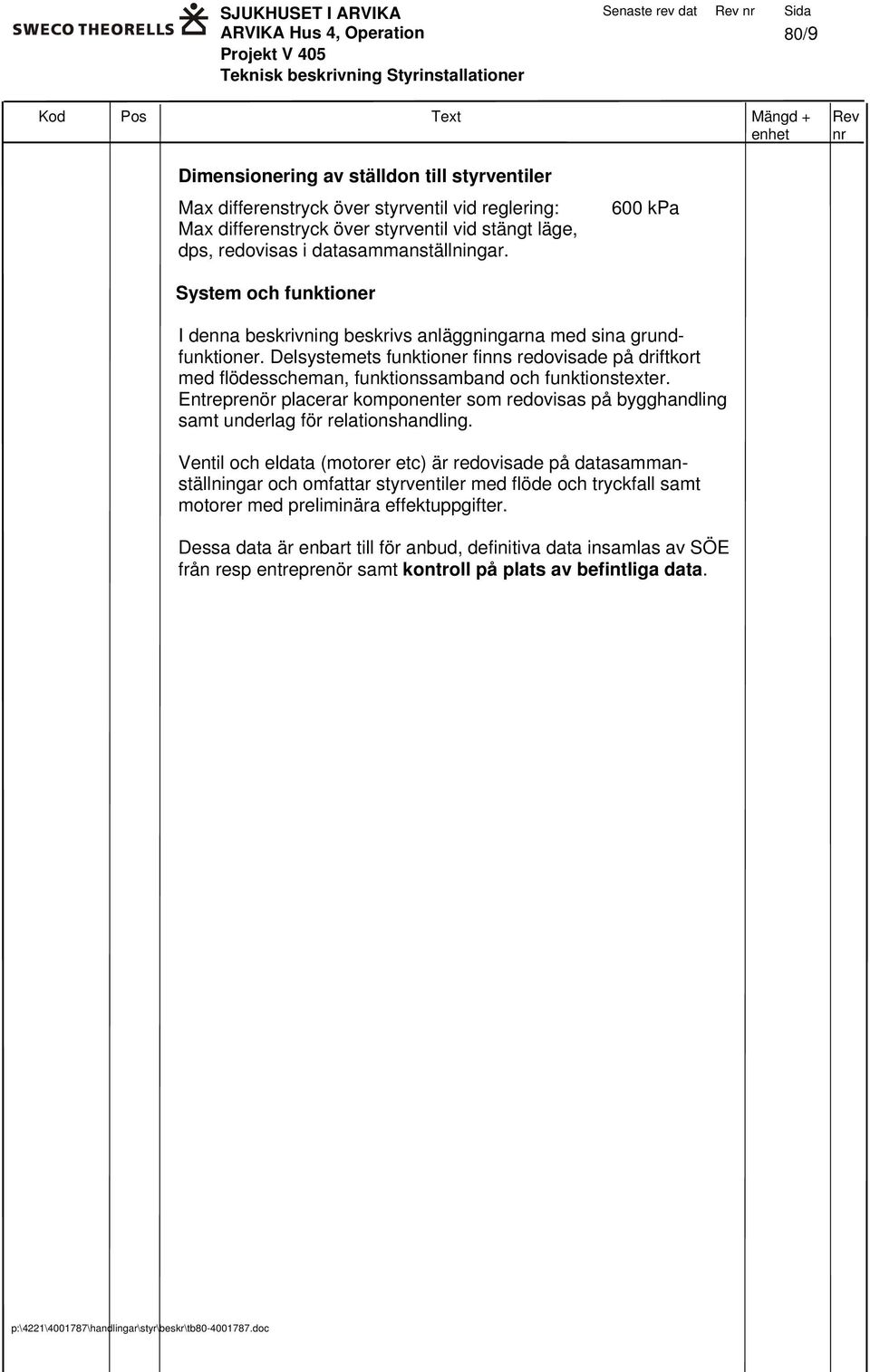 600 kpa System och funktioner I denna beskrivning beskrivs anläggningarna med sina grundfunktioner.