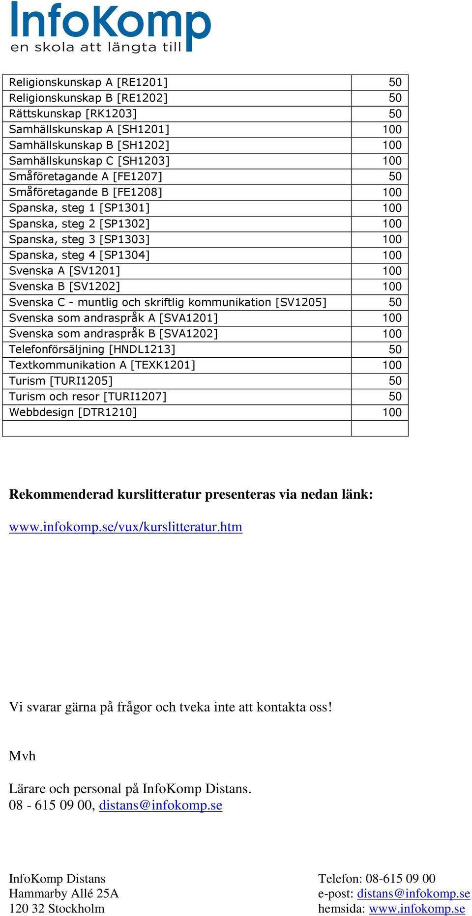 100 Svenska C - muntlig och skriftlig kommunikation [SV1205] 50 Svenska som andraspråk A [SVA1201] 100 Svenska som andraspråk B [SVA1202] 100 Telefonförsäljning [HNDL1213] 50 Textkommunikation A