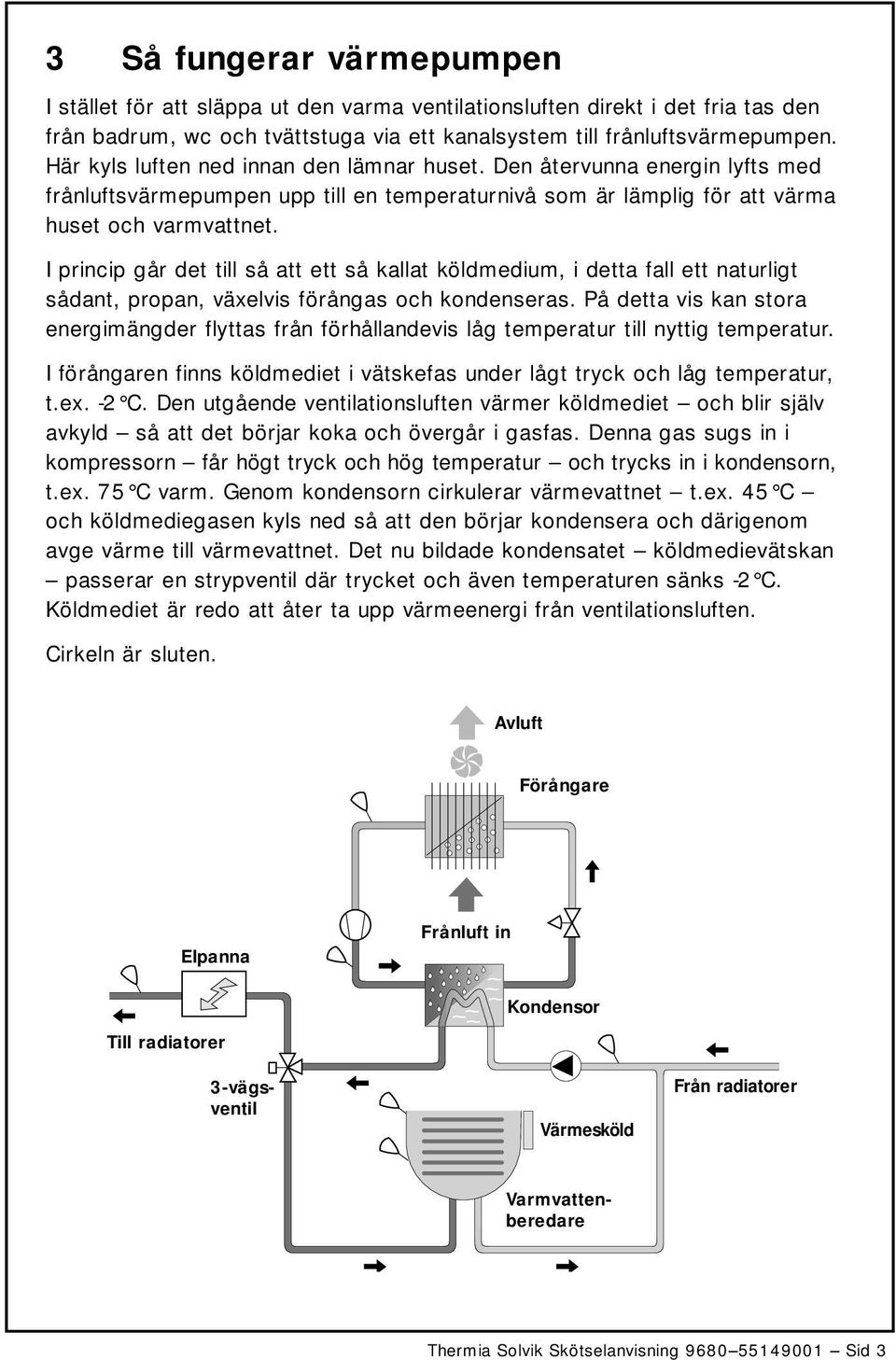 I princip går det till så att ett så kallat köldmedium, i detta fall ett naturligt sådant, propan, växelvis förångas och kondenseras.