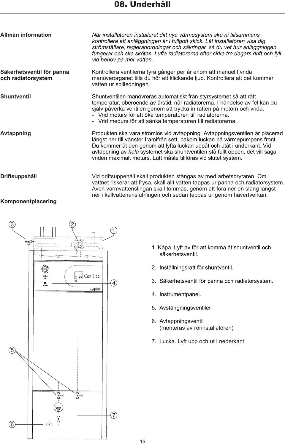 Lufta radiatorerna efter cirka tre dagars drift och fyll vid behov på mer vatten. Kontrollera ventilerna fyra gånger per år enom att manuellt vrida manöverorganet tills du hör ett klickande ljud.