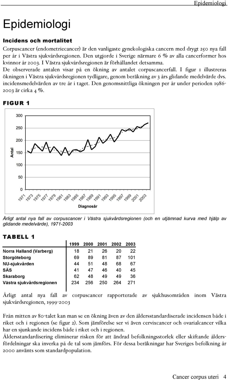 I figur 1 illustreras ökningen i Västra sjukvårdsregionen tydligare, genom beräkning av 3 års glidande medelvärde dvs. incidensmedelvärden av tre år i taget.