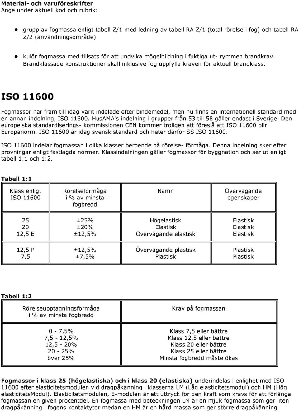 ISO 11600 Fogmassor har fram till idag varit indelade efter bindemedel, men nu finns en internationell standard med en annan indelning, ISO 11600.