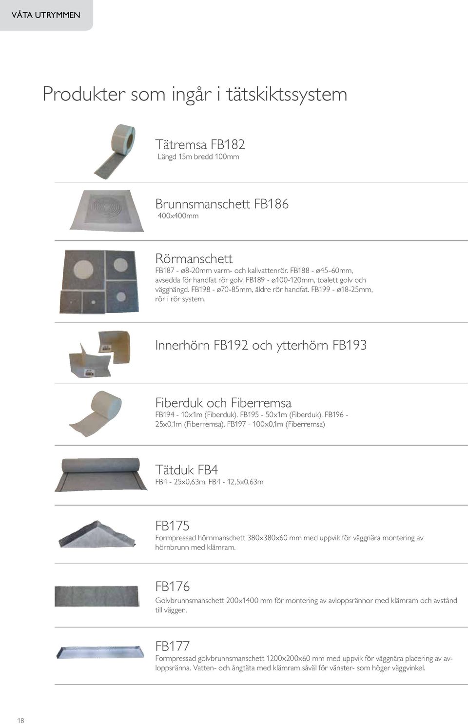 Innerhörn FB192 och ytterhörn FB193 Fiberduk och Fiberremsa FB194-10x1m (Fiberduk). FB195-50x1m (Fiberduk). FB196-25x0,1m (Fiberremsa). FB197-100x0,1m (Fiberremsa) Tätduk FB4 FB4-25x0,63m.