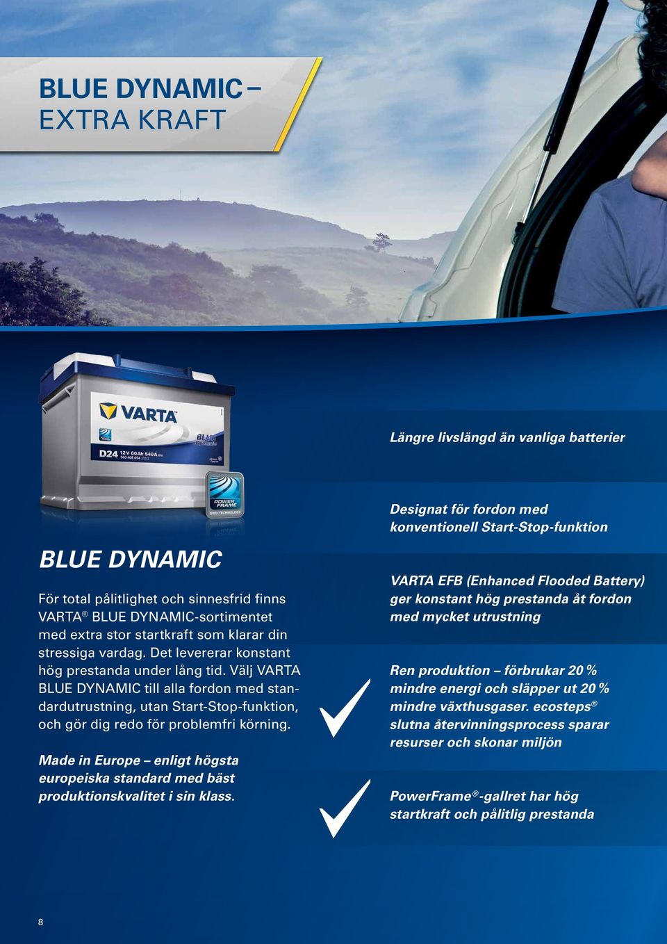 Välj VARTA BLUE DYNAMIC till alla fordon med standardutrustning, utan Start-Stop-funktion, och gör dig redo för problemfri körning.