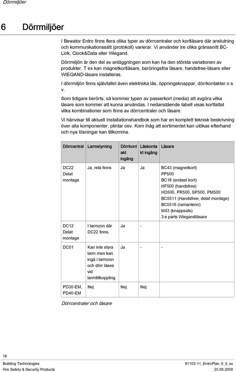 T ex kan magnetkortläsare, beröringsfria läsare, handsfree-läsare eller WIEGAND-läsare installeras. I dörrmiljön finns självfallet även elektriska lås, öppningsknappar, dörrkontakter o s v.