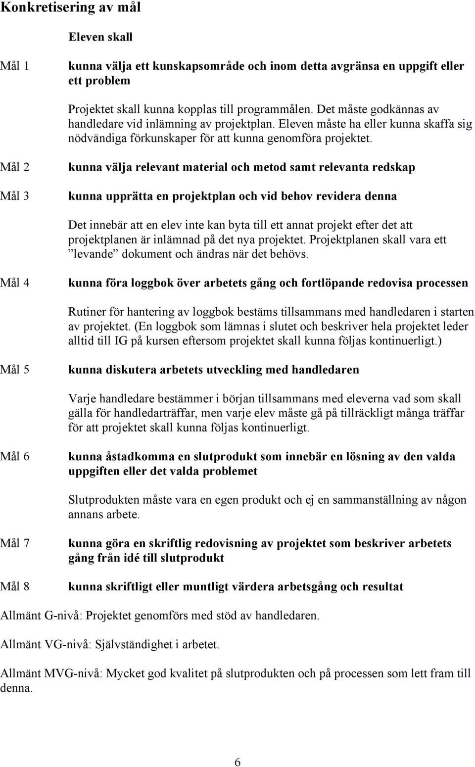 Mål 2 Mål 3 kunna välja relevant material och metod samt relevanta redskap kunna upprätta en projektplan och vid behov revidera denna Det innebär att en elev inte kan byta till ett annat projekt