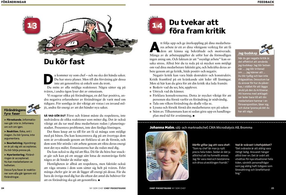 Dessa fyra faser är reaktioner som alla går igenom vid förändringar. Du kör fast Du kommer ny som chef och nu ska det hända saker. Du har stora planer.