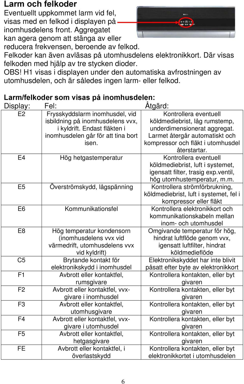 H1 visas i displayen under den automatiska avfrostningen av, och är således ingen larm- eller felkod.