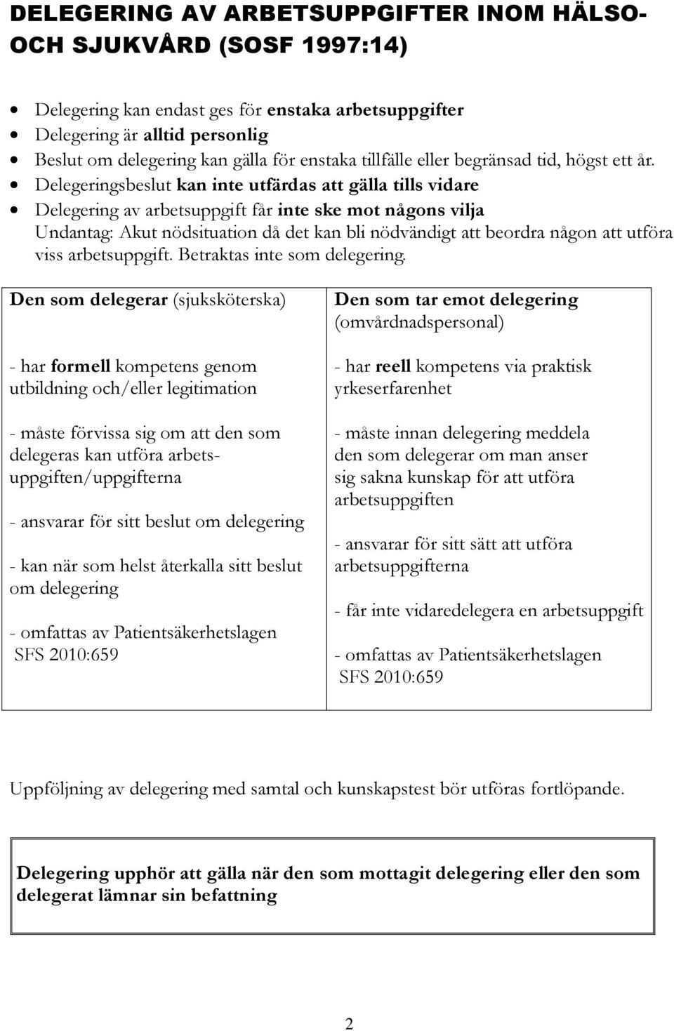 Delegeringsbeslut kan inte utfärdas att gälla tills vidare Delegering av arbetsuppgift får inte ske mot någons vilja Undantag: Akut nödsituation då det kan bli nödvändigt att beordra någon att utföra