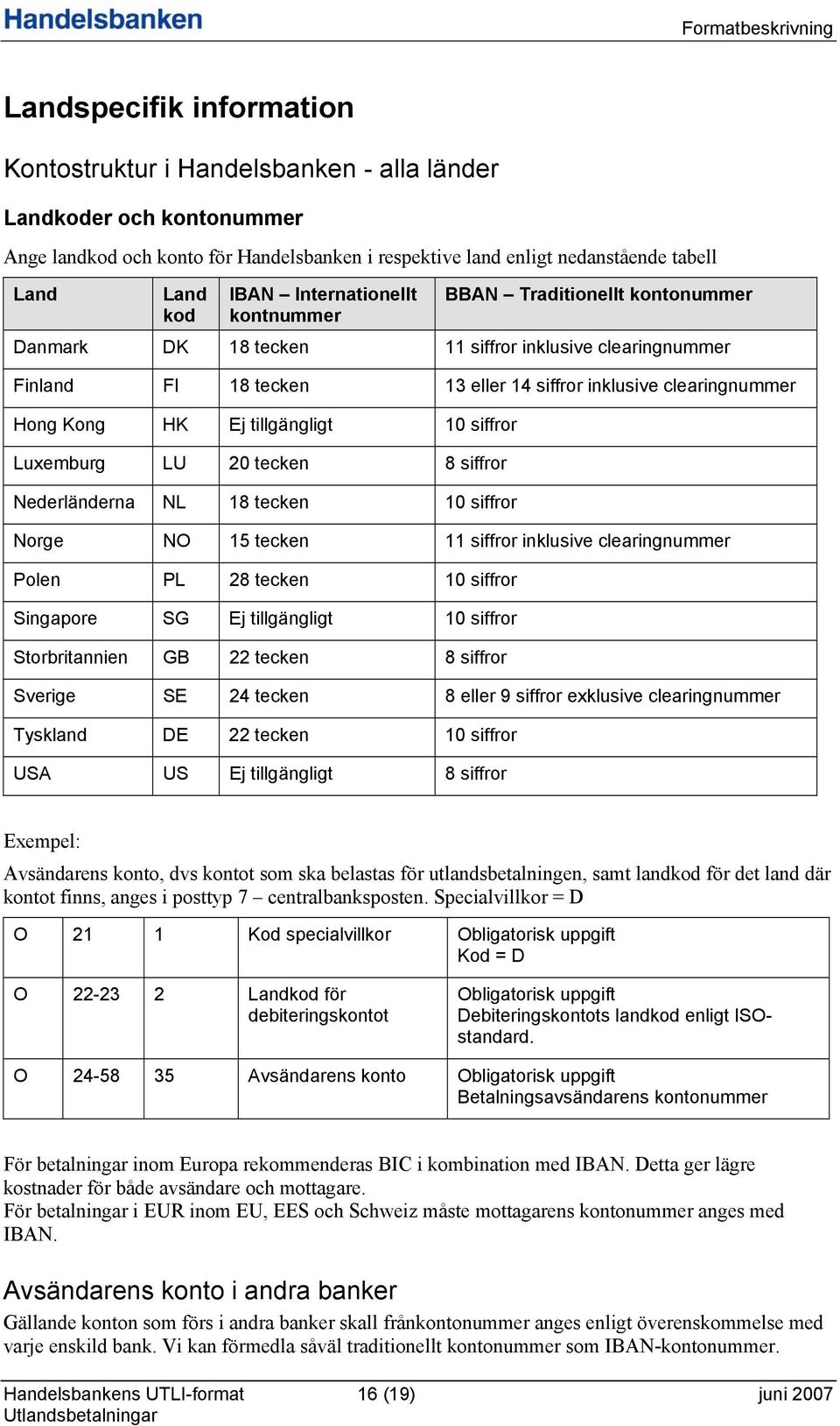 tillgängligt 10 siffror Luxemburg LU 0 tecken 8 siffror Nederländerna NL 18 tecken 10 siffror Norge NO 15 tecken 11 siffror inklusive clearingnummer Polen PL 8 tecken 10 siffror Singapore SG Ej