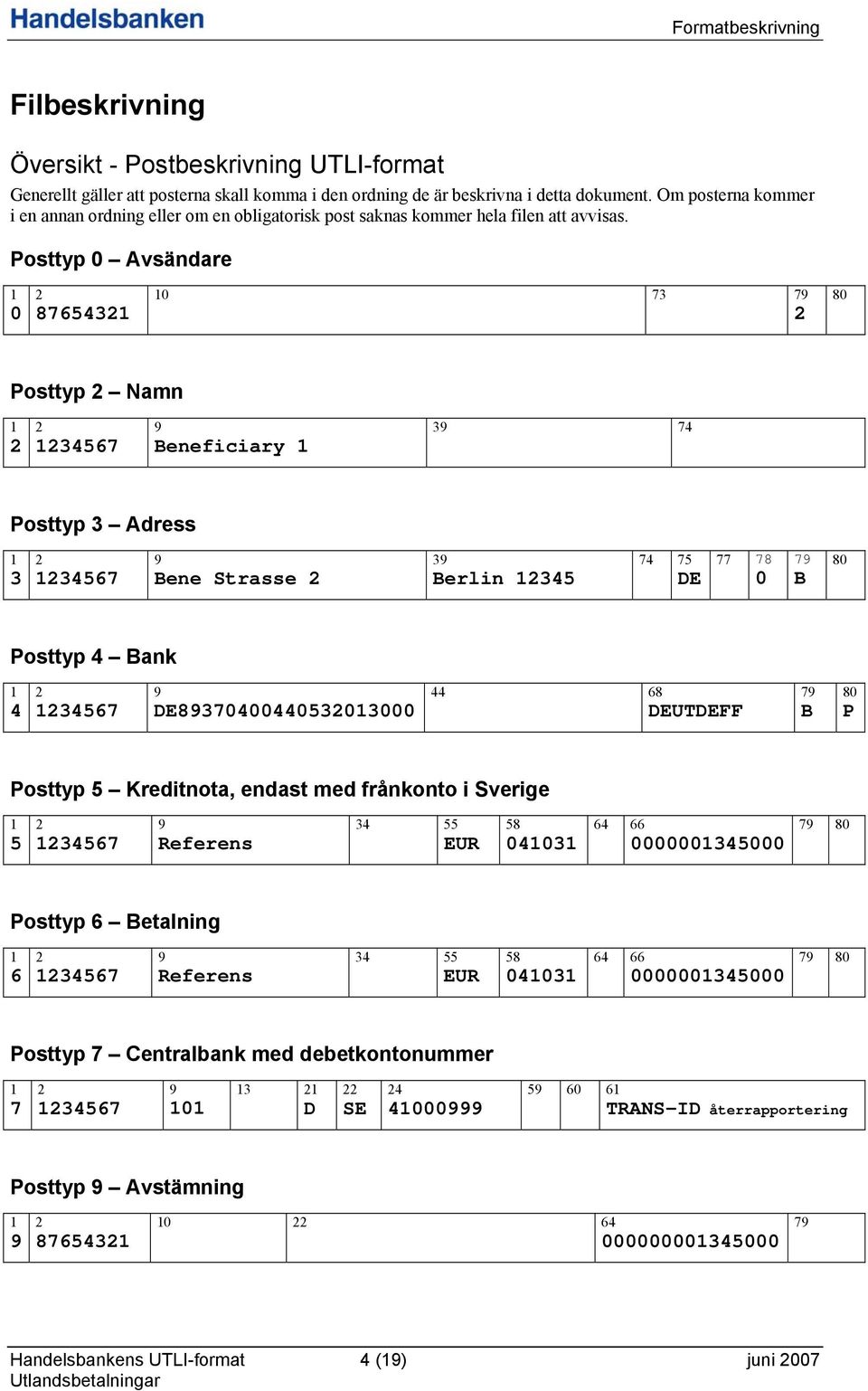 Posttyp 0 Avsändare 1 0 8765431 10 73 79 80 Posttyp Namn 1 134567 9 Beneficiary 1 39 74 Posttyp 3 Adress 1 3 134567 9 Bene Strasse 39 Berlin 1345 74 75 DE 77 78 0 79 B 80 Posttyp 4 Bank 1 4 134567 9