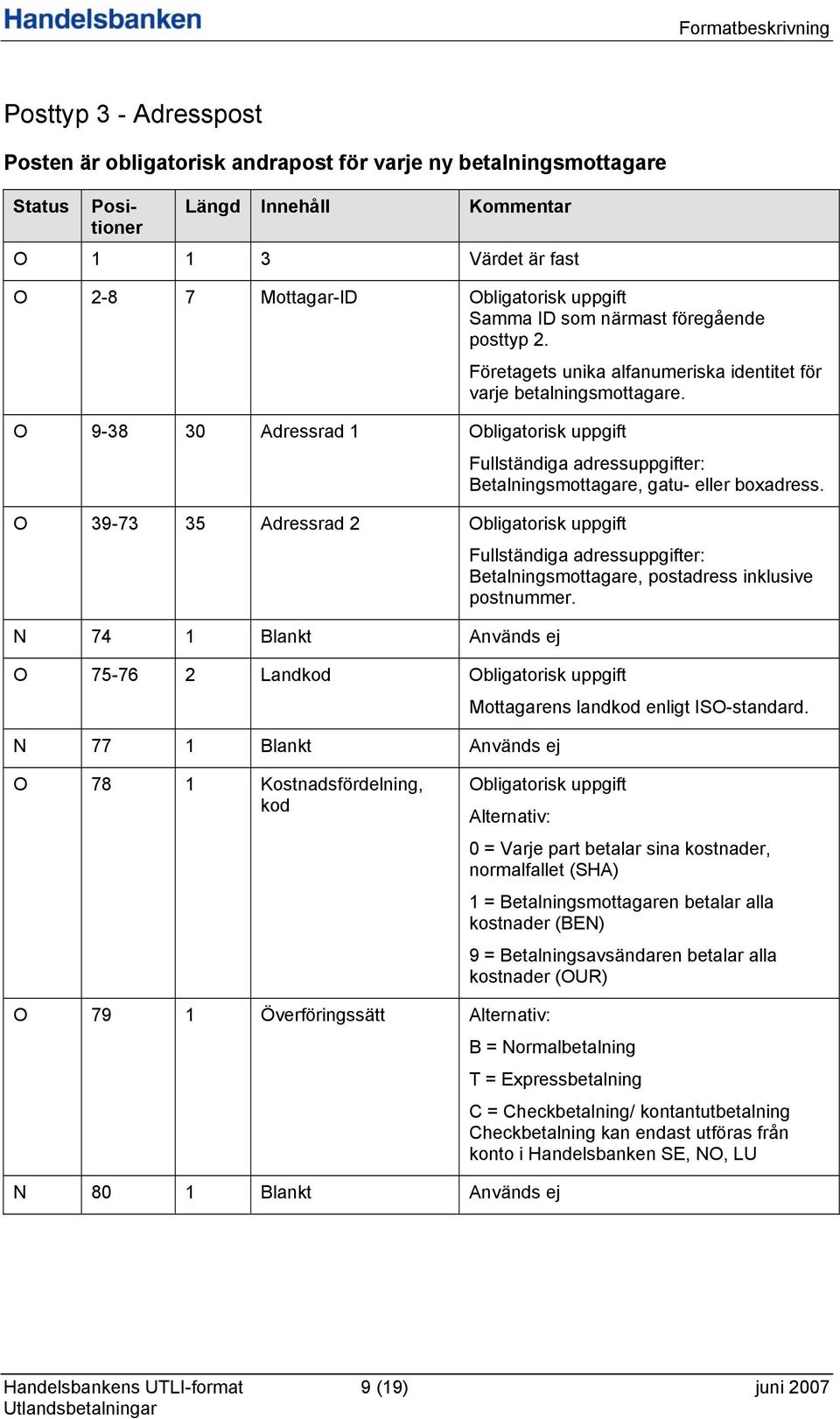 O 9-38 30 Adressrad 1 Obligatorisk uppgift Fullständiga adressuppgifter: Betalningsmottagare, gatu- eller boxadress.