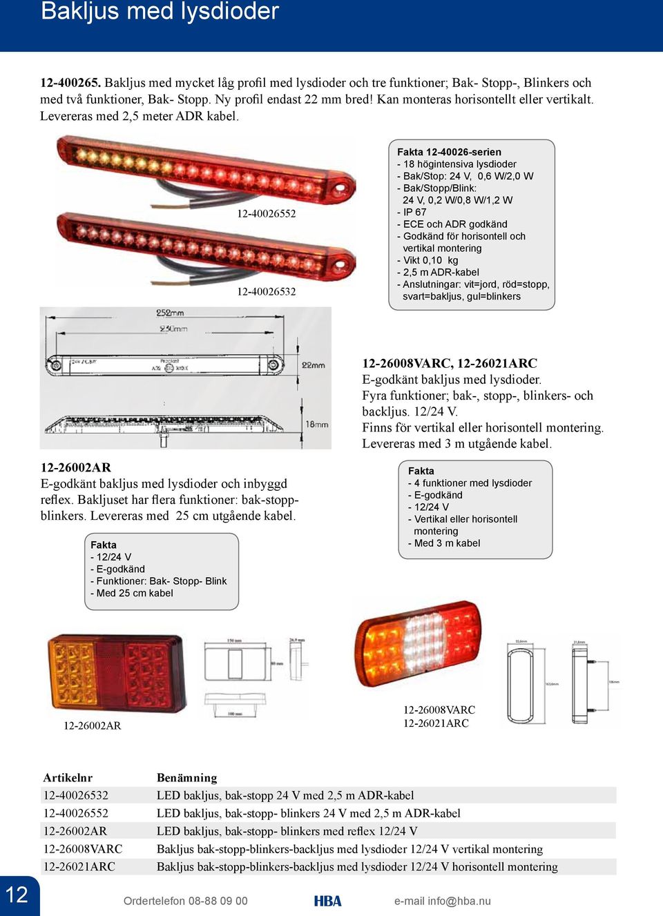 12-40026552 12-40026532 12-40026-serien - 18 högintensiva lysdioder - Bak/Stop: 24 V, 0,6 W/2,0 W - Bak/Stopp/Blink: 24 V, 0,2 W/0,8 W/1,2 W - IP 67 - ECE och ADR godkänd - Godkänd för horisontell