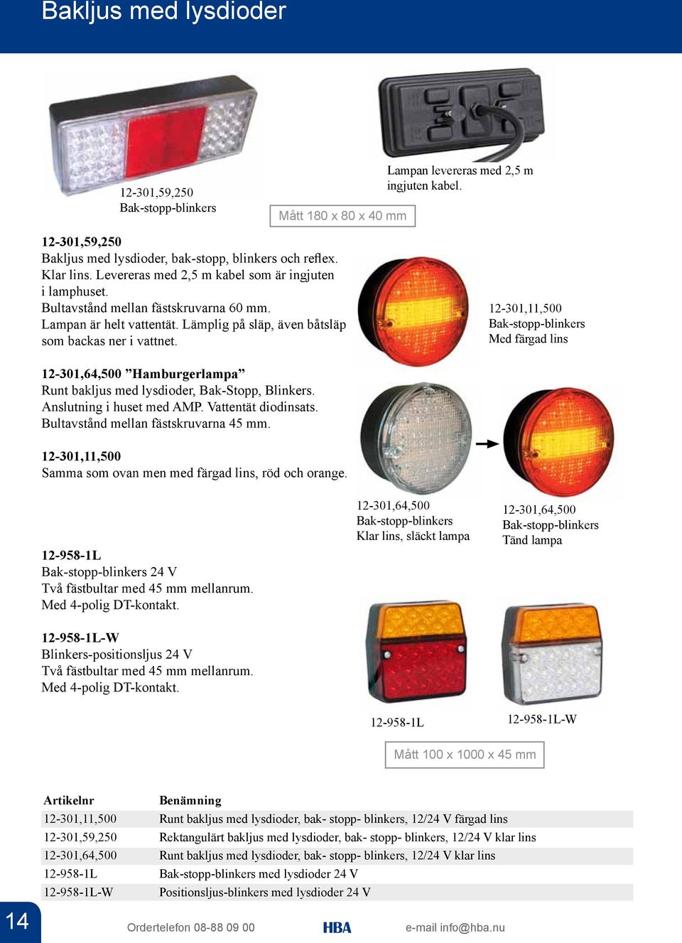12-301,11,500 Bak-stopp-blinkers Med färgad lins 12-301,64,500 Hamburgerlampa Runt bakljus med lysdioder, Bak-Stopp, Blinkers. Anslutning i huset med AMP. Vattentät diodinsats.