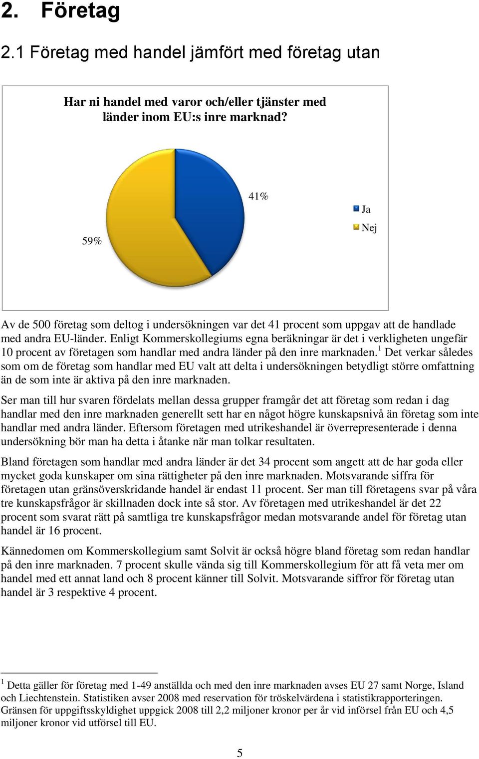 Enligt Kommerskollegiums egna beräkningar är det i verkligheten ungefär 10 procent av företagen som handlar med andra länder på den inre marknaden.