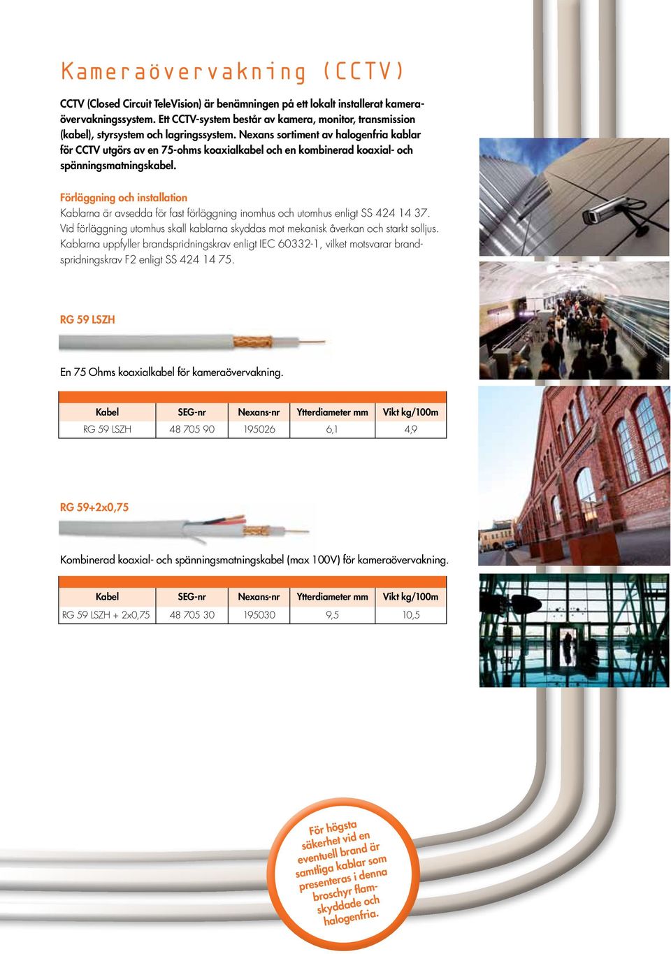 Nexans sortiment av halogenfria kablar för CCTV utgörs av en 75-ohms koaxialkabel och en kombinerad koaxial- och spänningsmatningskabel.