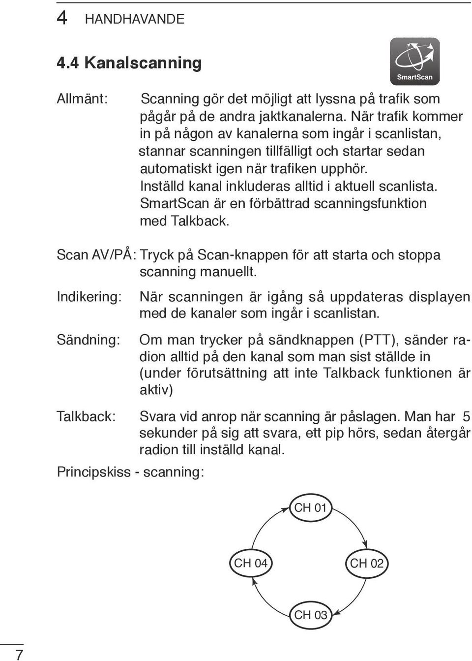 Inställd kanal inkluderas alltid i aktuell scanlista. SmartScan är en förbättrad scanningsfunktion med Talkback. Scan AV/PÅ: Tryck på Scan-knappen för att starta och stoppa scanning manuellt.