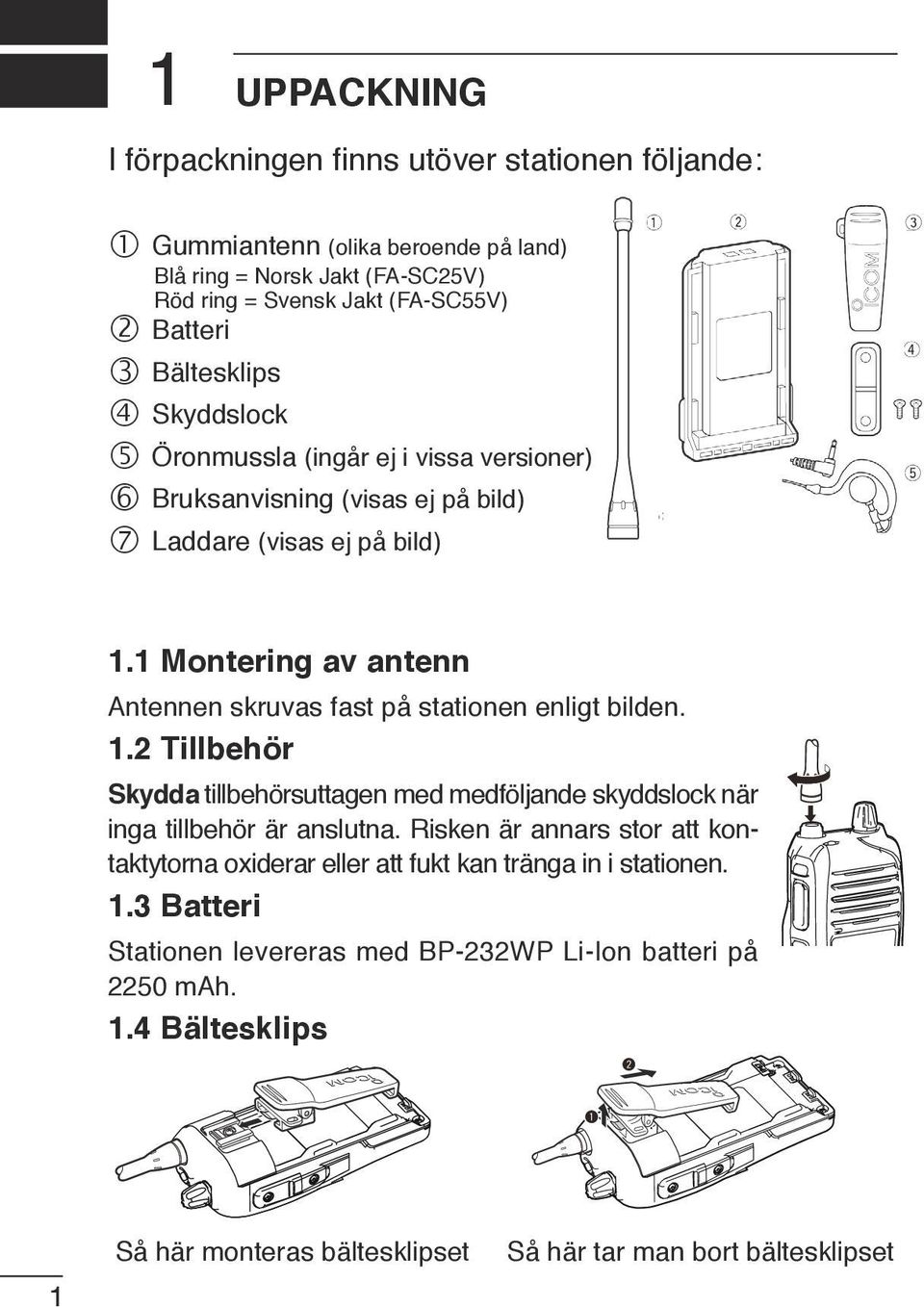 1 Montering av antenn Antennen skruvas fast på stationen enligt bilden. 1.2 Tillbehör Skydda tillbehörsuttagen med medföljande skyddslock när inga tillbehör är anslutna.