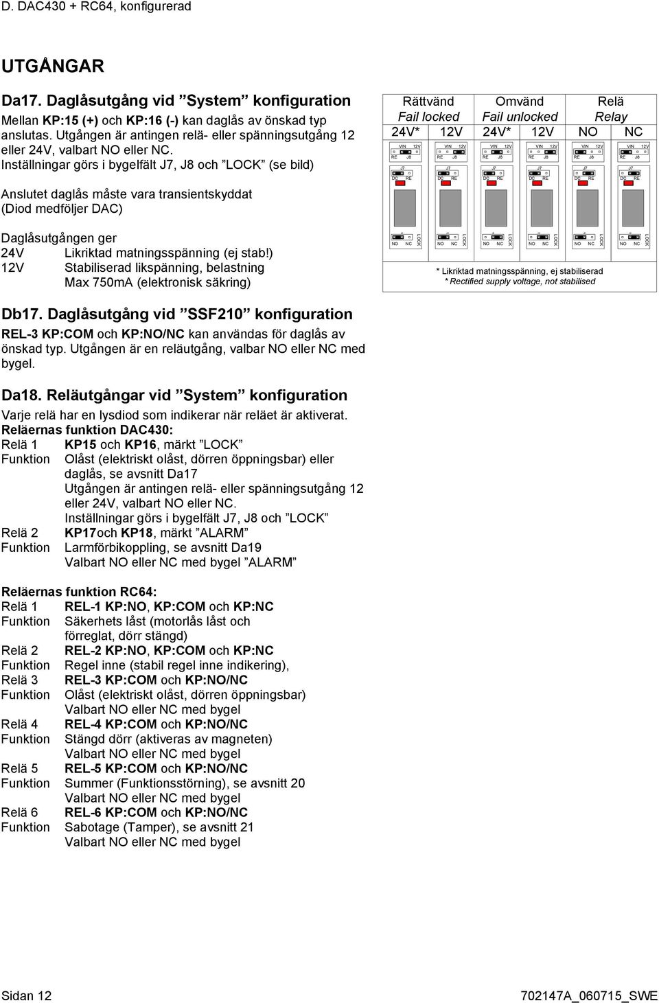 Inställningar görs i bygelfält, J8 och (se bild) Rättvänd Fail locked 24V* 12V Omvänd Fail unlocked 24V* 12V Relä Relay DC RE DC RE DC RE DC RE DC RE DC RE Anslutet daglås måste vara transientskyddat