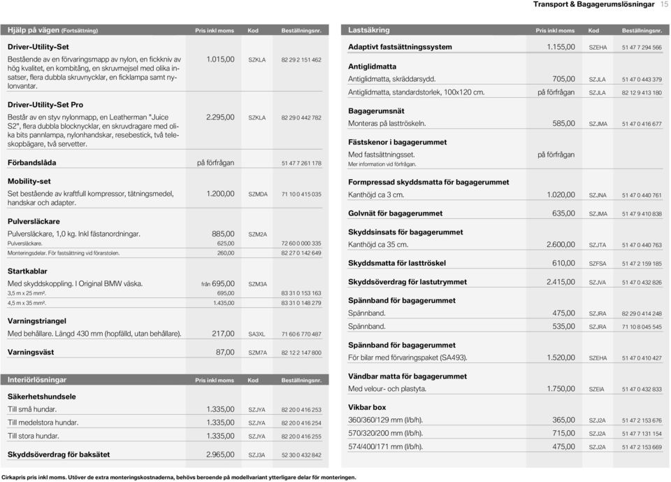 Pris Kod inkl moms Beställningsnr.Beställningsnr. KodLastsäkring Pris inkl moms Kod Pris inkl Pris Kod moms Beställningsnr. DriverUtilitySet Adaptivt fastsättningssystem 001.