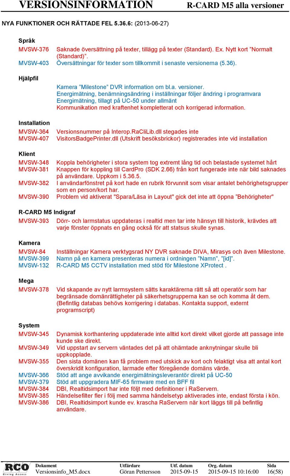 Hjälpfil Installation MVSW-364 MVSW-407 Klient MVSW-348 MVSW-381 MVSW-382 MVSW-390 Kamera Milestone DVR information om bl.a. versioner.