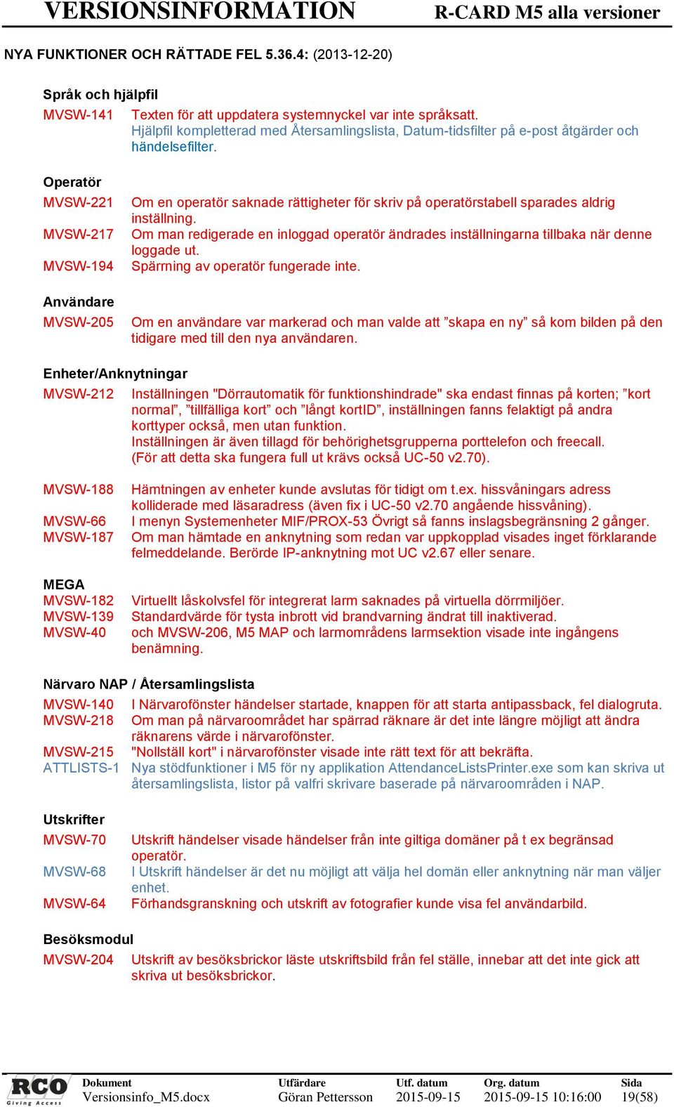 Operatör MVSW-221 MVSW-217 MVSW-194 Användare MVSW-205 Om en operatör saknade rättigheter för skriv på operatörstabell sparades aldrig inställning.