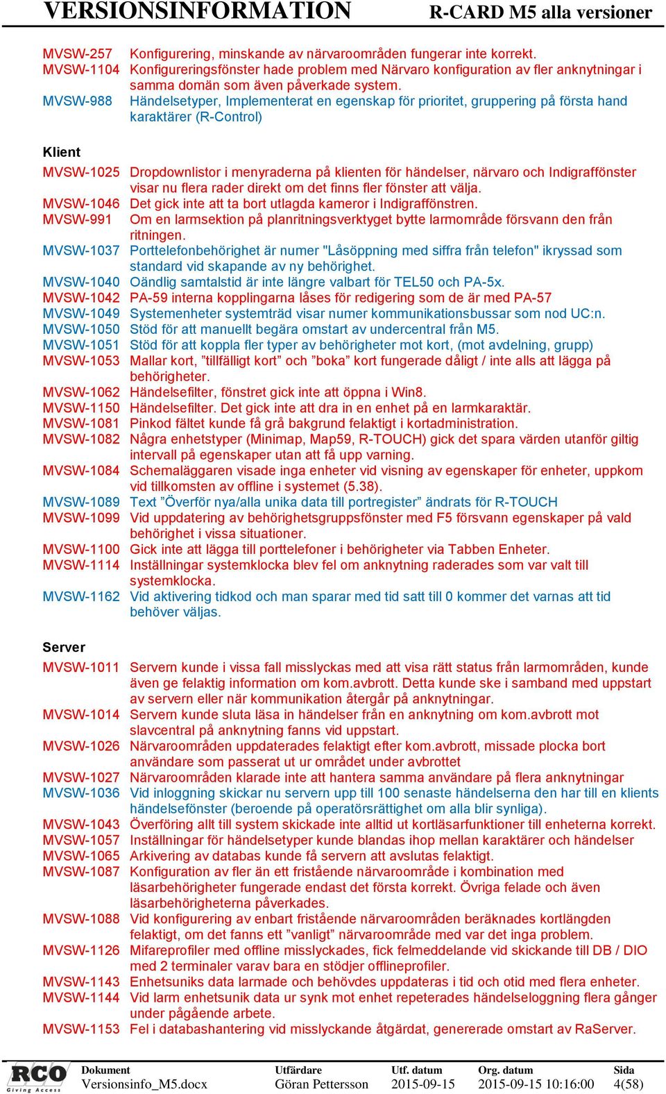 MVSW-988 Händelsetyper, Implementerat en egenskap för prioritet, gruppering på första hand karaktärer (R-Control) Klient MVSW-1025 Dropdownlistor i menyraderna på klienten för händelser, närvaro och