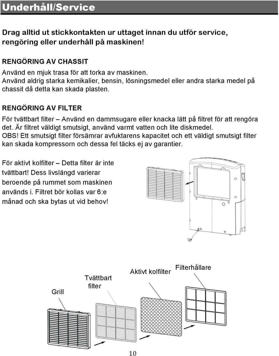 RENGÖRING AV FILTER För tvättbart filter Använd en dammsugare eller knacka lätt på filtret för att rengöra det. Är filtret väldigt smutsigt, använd varmt vatten och lite diskmedel.