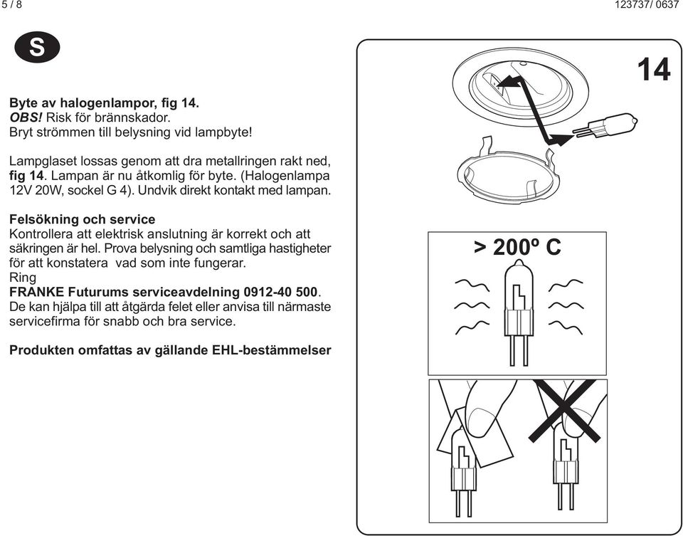 Felsökning och service Kontrollera att elektrisk anslutning är korrekt och att säkringen är hel.